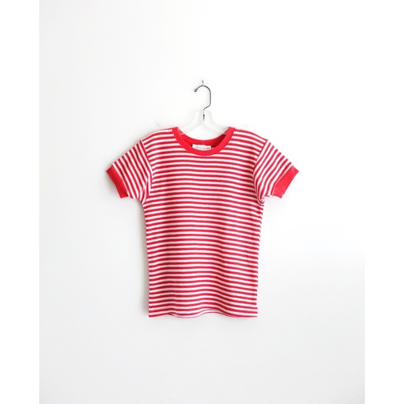 Vintage Tops - Vintage Red White Stripe Short Sleeve Waffle Tee M